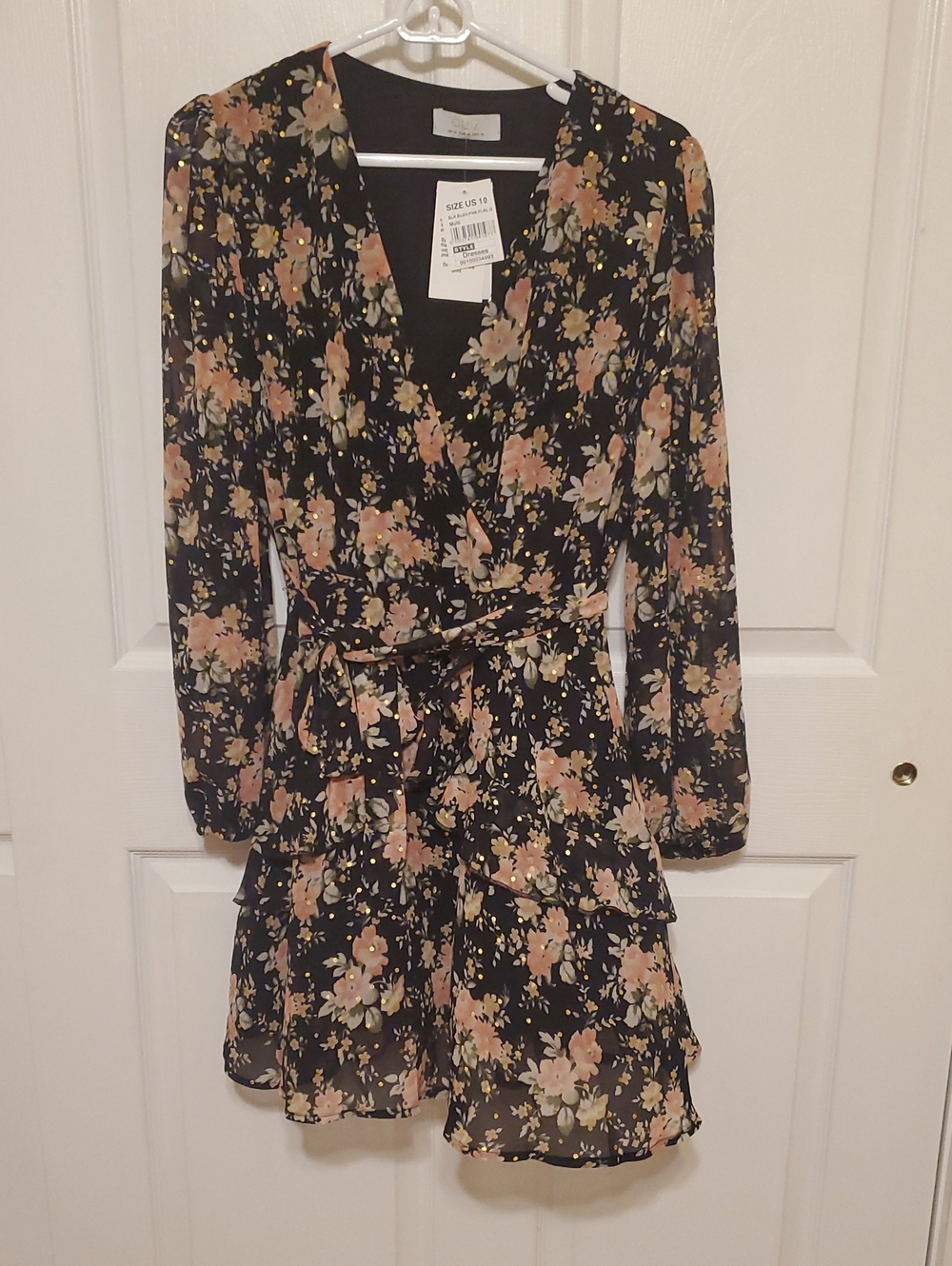 Floral Wrap-Style Long Sleeve Dress - Black & Blush